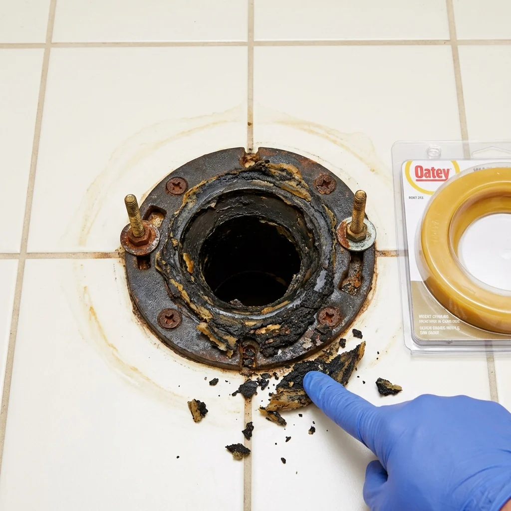 Failed wax ring showing water seepage at the base of a toilet in a Buckner, MO home