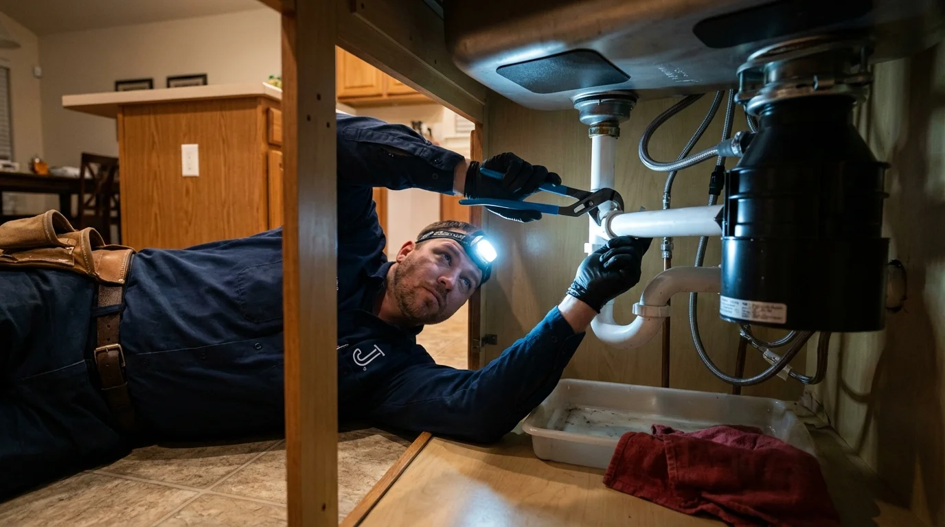 P-trap and supply line connections under a kitchen sink showing a common leak point in Buckner, MO
